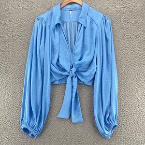 Free People Top Womens Small Blue Collared V Neck Long Balloon Sleeves Cropped